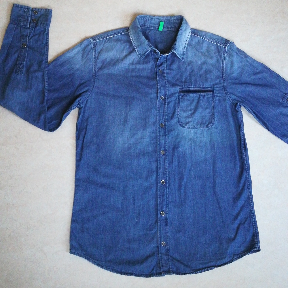 EUC Benetton Cotton Button Down Collar Shirt Denim Blue Gray Size M Mens Vintage